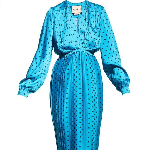 Plan C Mountain Sky (blue) Polka dot Pleated Midi Dress - Picture 1 of 7